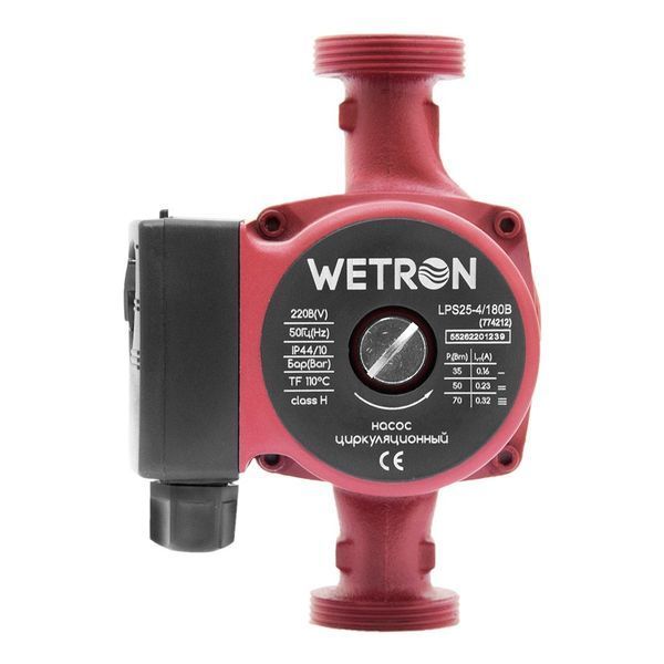 Насос циркуляційний 75Вт Hmax 4м Qmax 40л/хв &Oslash;1&frac12;" 180мм бордо+гайки &Oslash;1" WETRON LР525&ndash;4/180В (774212) фото