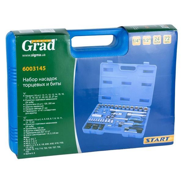 Набір насадок торцевих і біти 1/4", 1/2" 72шт Start GRAD (6003145) фото