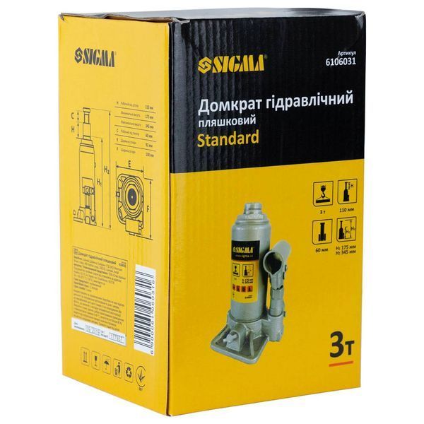 Домкрат гидравлический бутылочный 3т H 175-345мм Standard SIGMA (6106031) фото