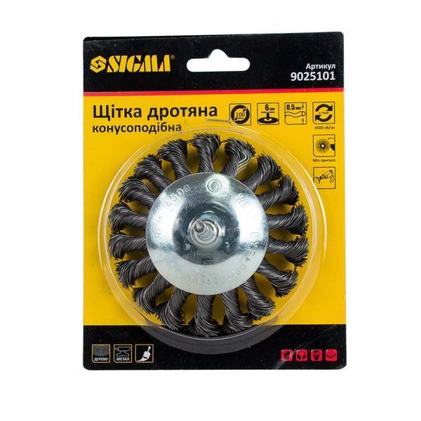 Щітка дротяна конусоподібна &Oslash;100мм хвостовик &Oslash;6мм (сталева кручена) SIGMA (9025101) фото