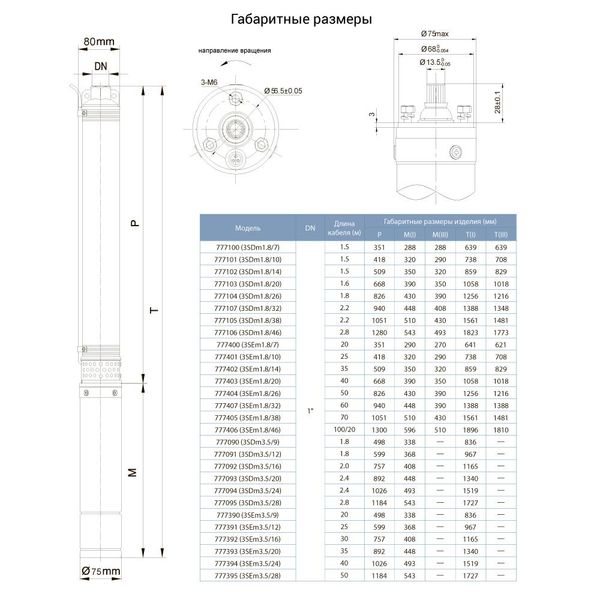 Насос центробежный скважинный 0.9кВт H 143(107)м Q 45(30)л/мин Ø80мм AQUATICA (DONGYIN) 3SDm1.8/33 (777107) фото