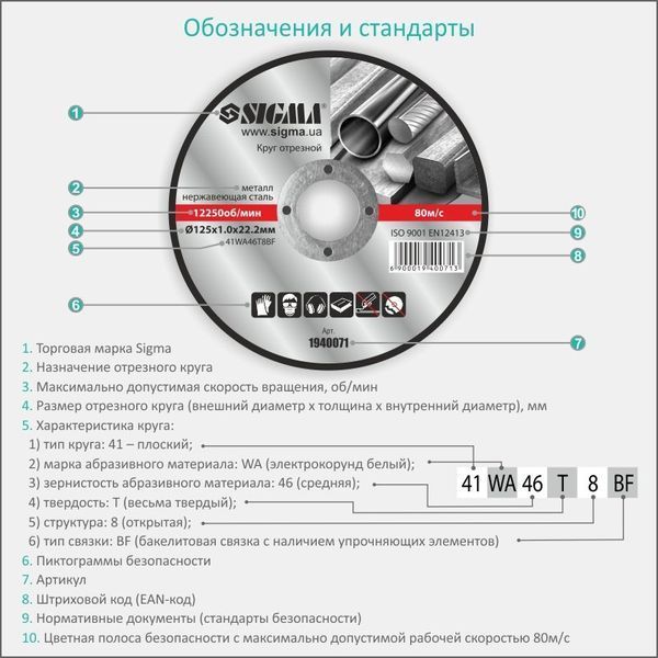 Круг відрізний по металу та нержавіючої сталі &Oslash;230&times;2.5&times;22.2мм, 6650об/хв SIGMA (1940321) фото