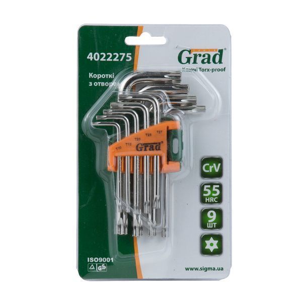 Ключи TORX 9шт T10-T50мм CrV (короткие с отвер) GRAD (4022275) фото