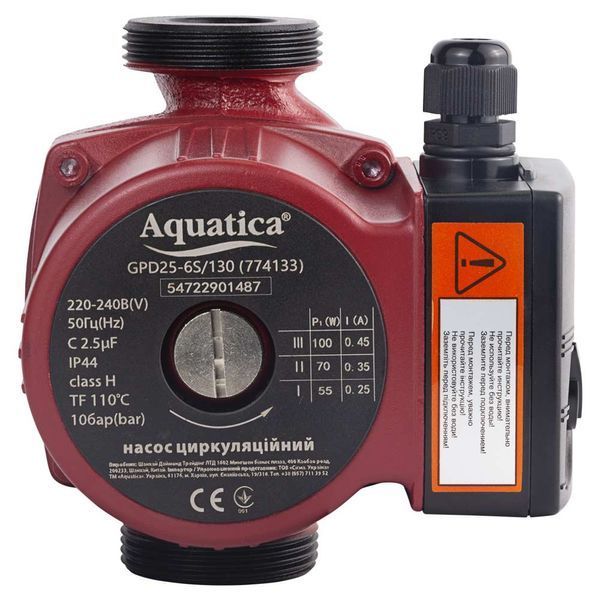 Насос циркуляционный 100Вт Hmax 6м Qmax 75л/мин &Oslash;1&frac12;" 130мм + гайки &Oslash;1" AQUATICA (774133) фото