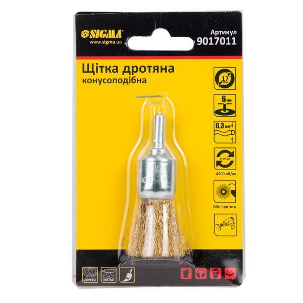 Щітка дротяна конусоподібна &Oslash;17мм хвостовик &Oslash;6мм (латуньованна) SIGMA (9017011) фото
