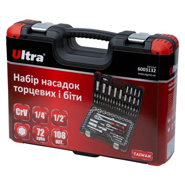 Набор насадок торцевых и бит 1/4", 1/2" 108шт CrV Taiwan ULTRA (6003132) фото